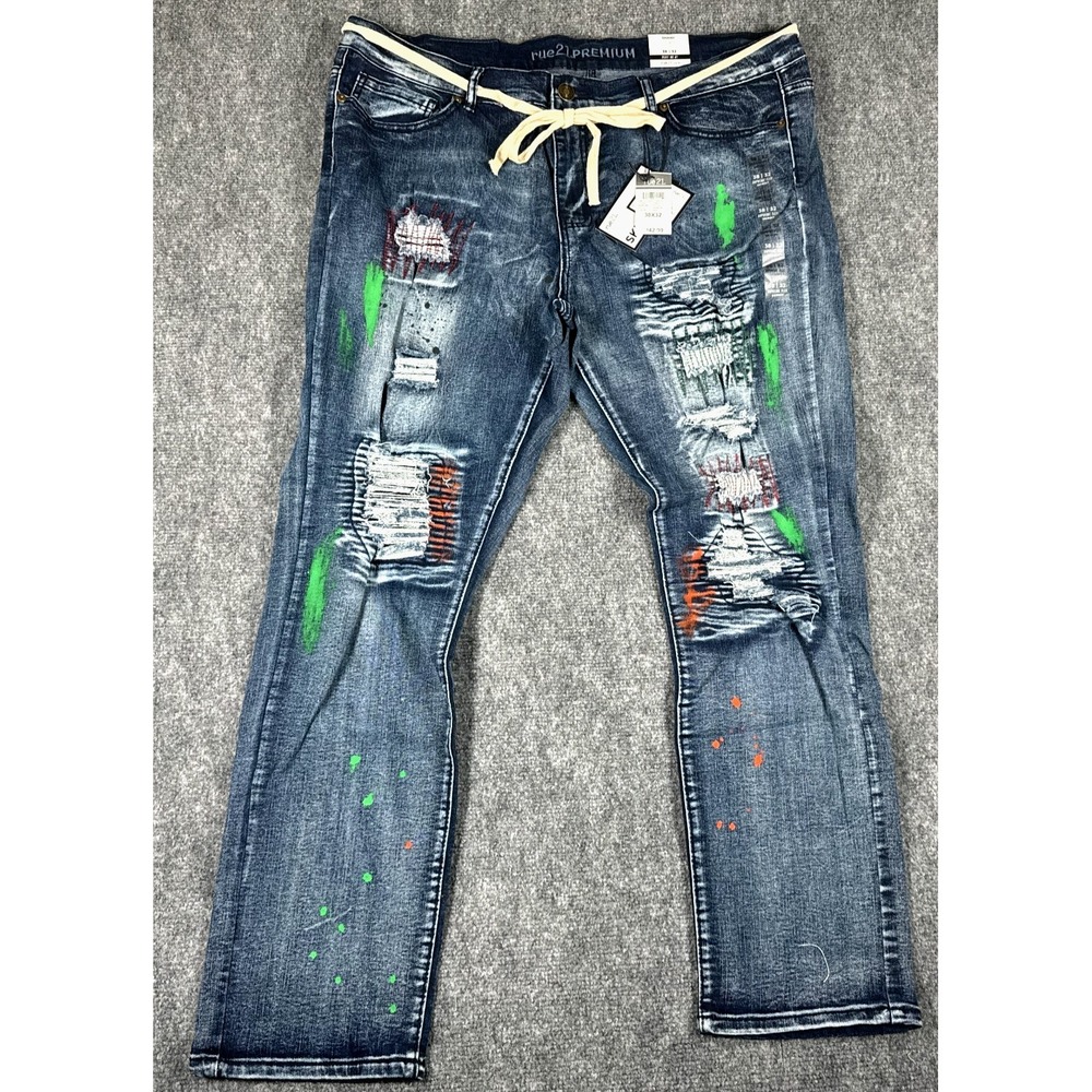 Rue21 Premium Skinny Flex Jeans Men's 38x32 Blue Distressed Paint Splatter NWT